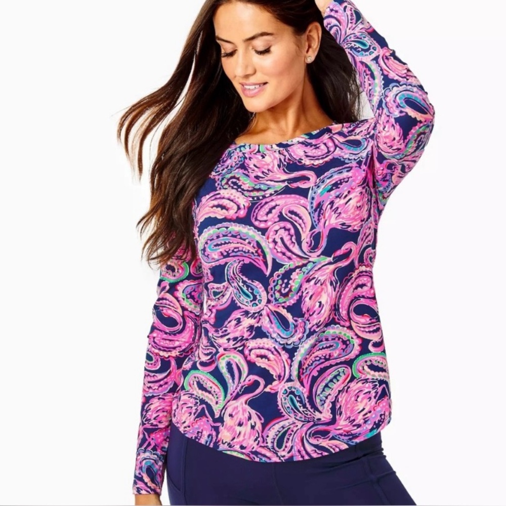 VGUC- Lilly Pulitzer UPF 50+ Luxletic Lizbeth Tee in High Tide Navy Flock, Med